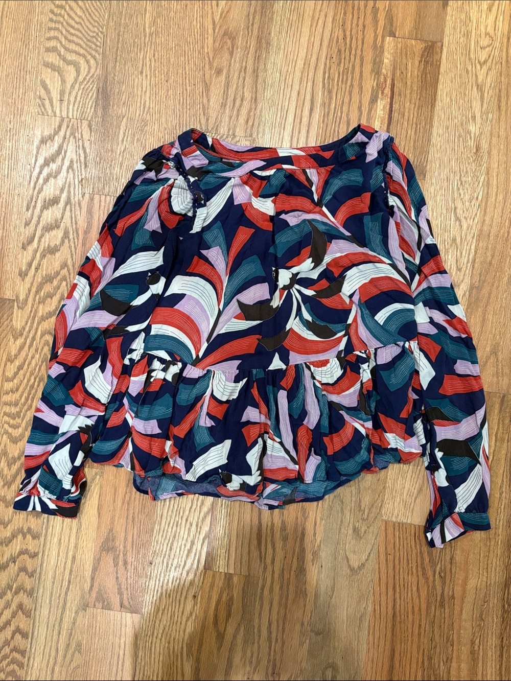 Anthropologie Navy Multi-Color Long-Sleeve Printed Peplum Blouse